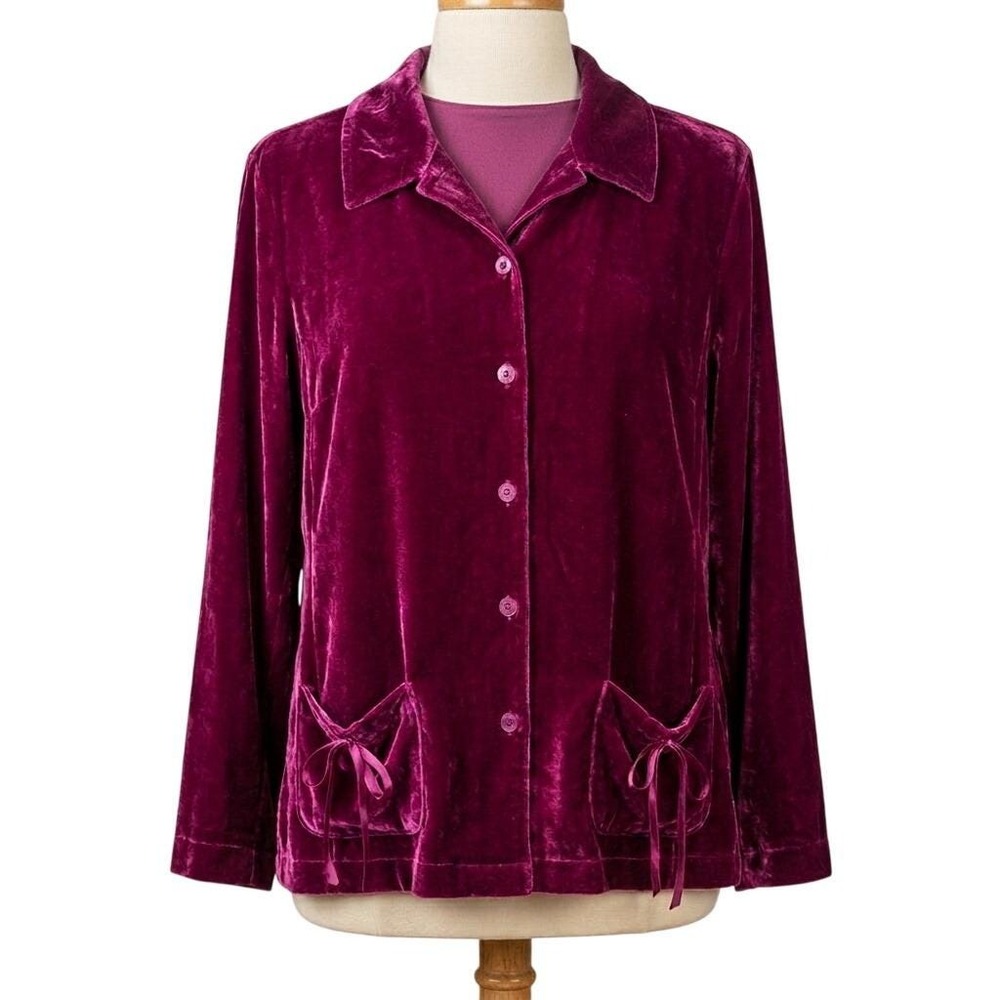 Denim & Co Velvet Button Down Shirt Purple Y2K Whimsigoth Preppy Large Bows